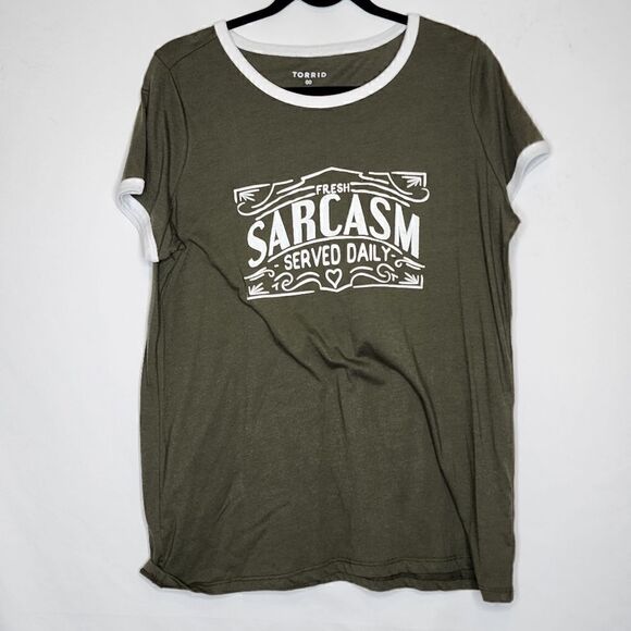 00X Medium 10W Torrid Olive Green Sarcasm Served Daily Ringer Tee Funny Gift - Picture 2 of 4